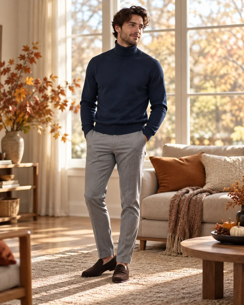 Navy merino turtleneck with gray slim-fit trousers, a dressy Thanksgiving outfit men can wear to dinner