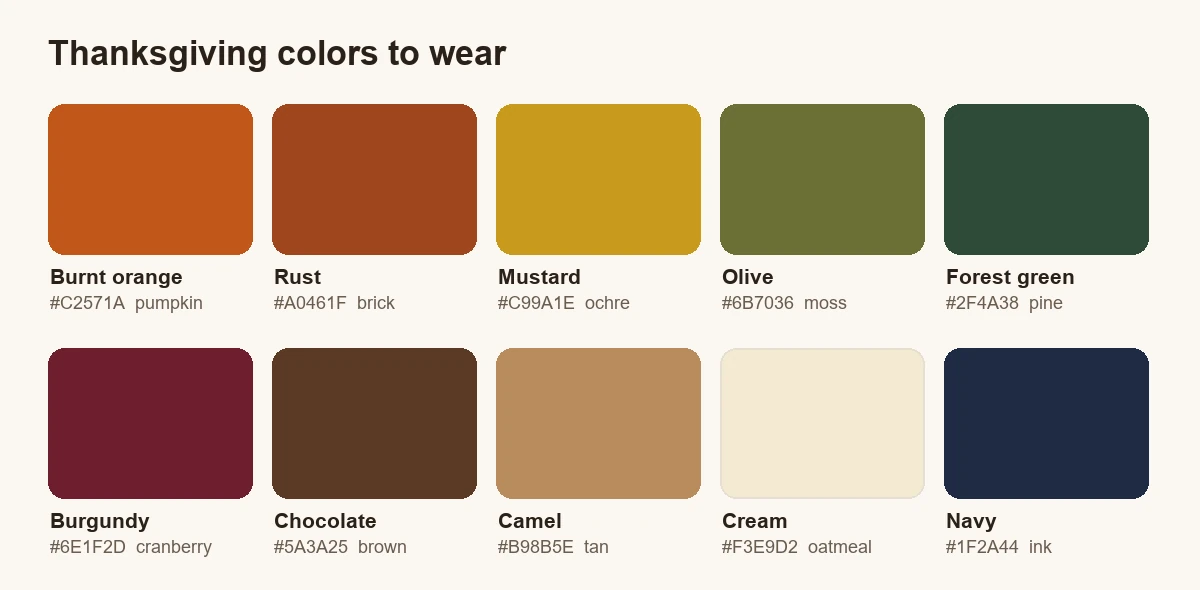Thanksgiving colors for clothes: burnt orange, rust, mustard, olive, forest green, burgundy, chocolate, camel, cream and navy swatches