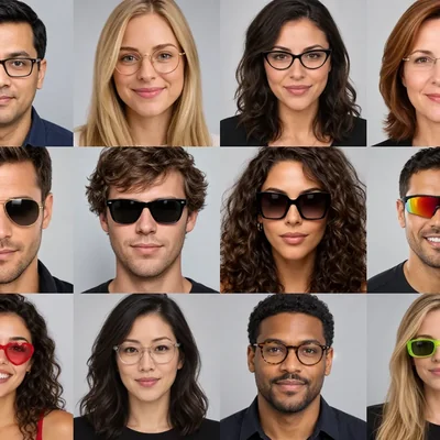 Grid of portraits wearing different glasses frame shapes in a virtual glasses try on