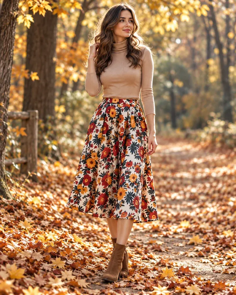 Camel turtleneck with a dark floral midi skirt, a Thanksgiving day outfit for women in autumn leaves