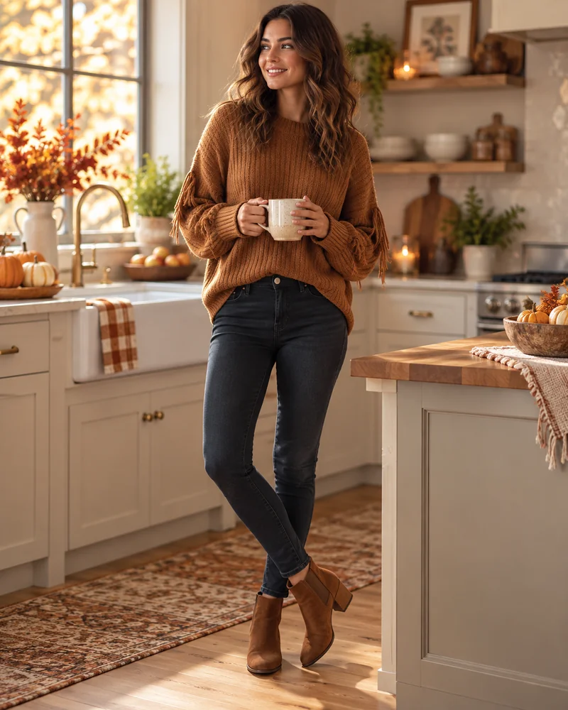 Rust oversized sweater with a fringe hem and dark skinny jeans in a fall kitchen