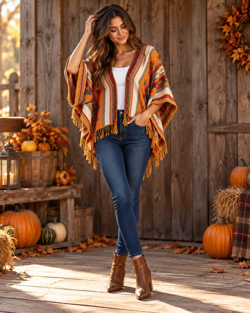 Striped fringe poncho over a white top and skinny jeans, an outdoor Thanksgiving outfit for women