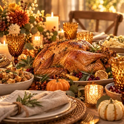 Thanksgiving dinner table with turkey, glassware and pumpkins in warm candlelight