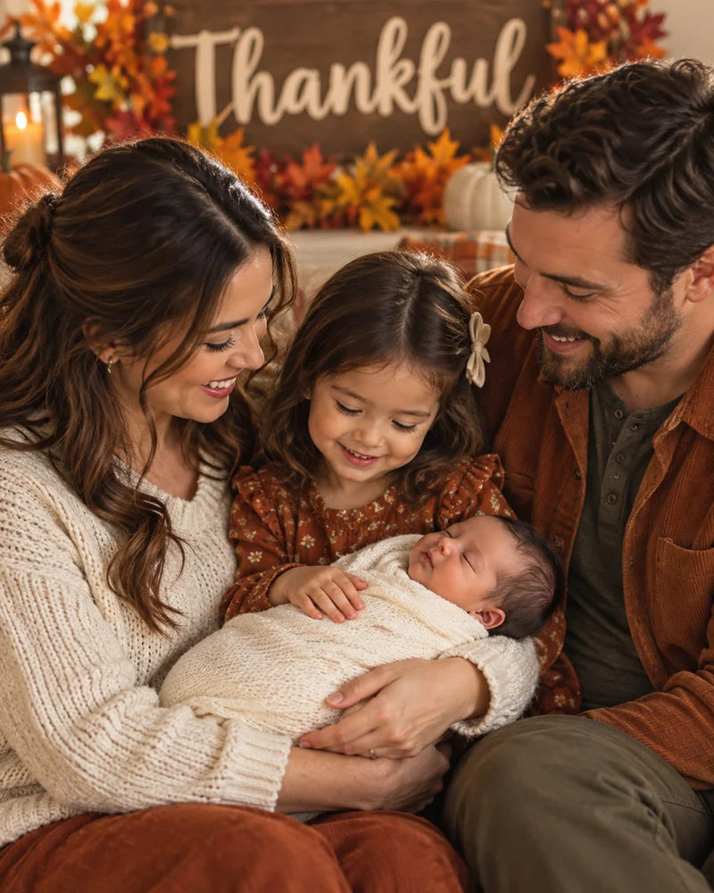 Parents and a toddler cradling a newborn baby in front of a Thankful sign, a Thanksgiving family photo