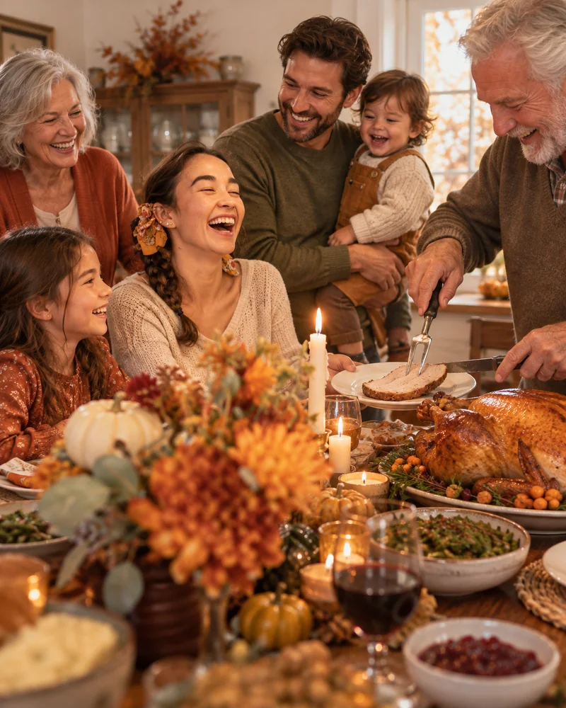 Woman laughing at the Thanksgiving table while the turkey is carved, with fall flowers and candles