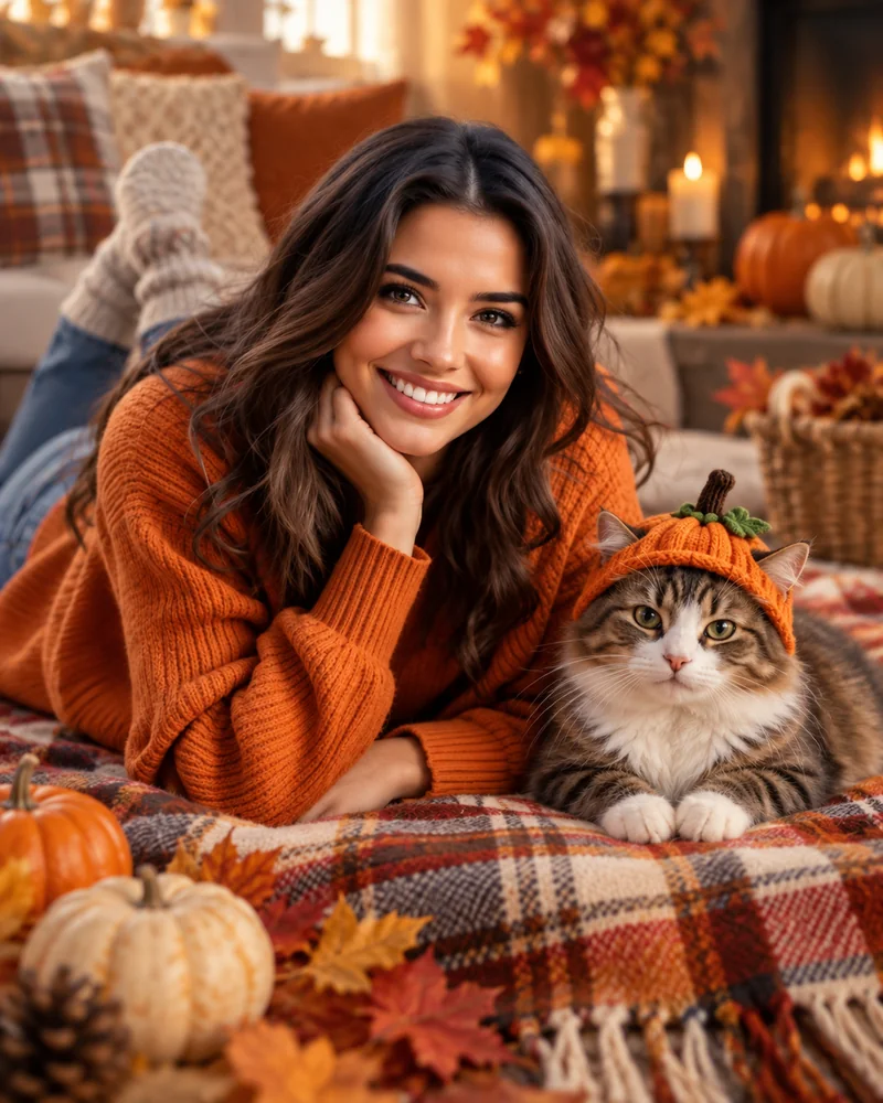 Smiling woman in an orange sweater lying next to a cat wearing a small pumpkin hat on a blanket