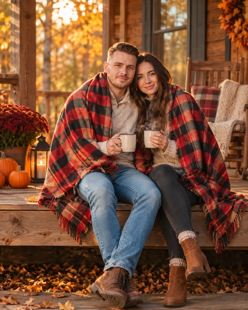Couple wrapped in a red plaid blanket on a wooden porch holding warm drinks