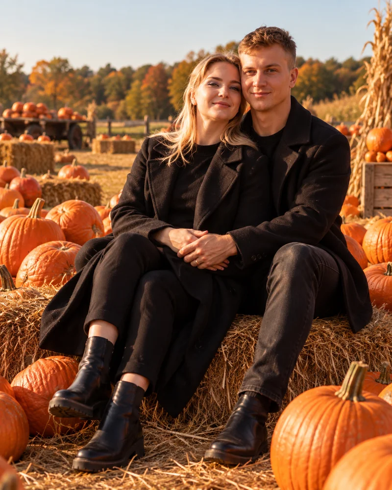Couple dressed in black sitting together in a pumpkin patch on a sunny autumn day