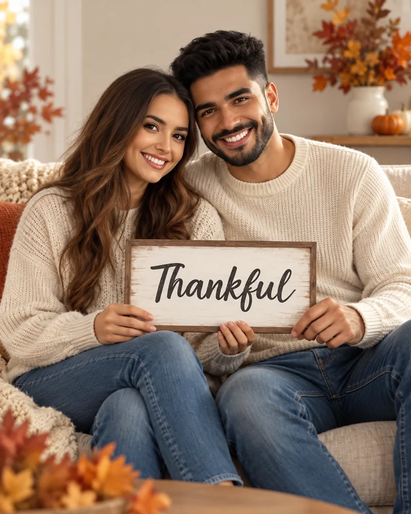 Couple in cream knit sweaters holding a hand-lettered Thankful sign, a Thanksgiving couple photo idea
