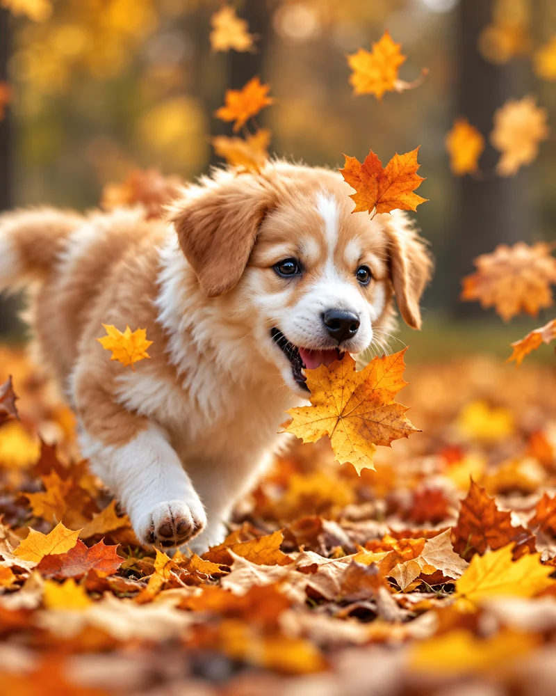 Fluffy puppy running through orange autumn leaves for a Thanksgiving pet photo