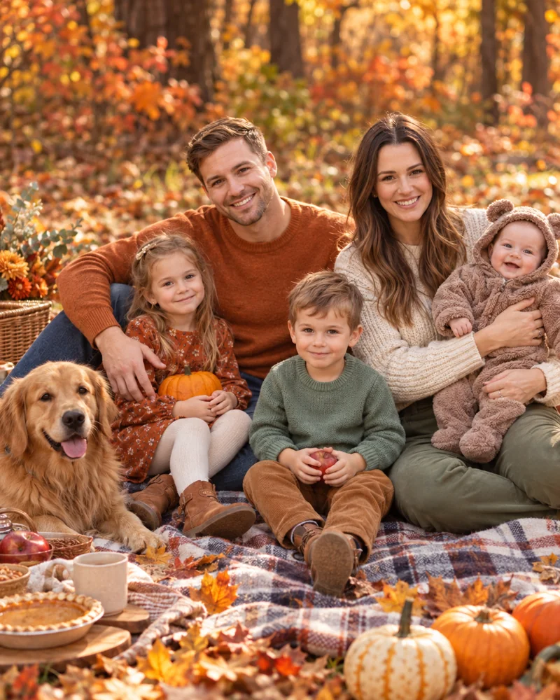 Family sitting on a plaid blanket with pumpkins and fall leaves for a backyard Thanksgiving photoshoot