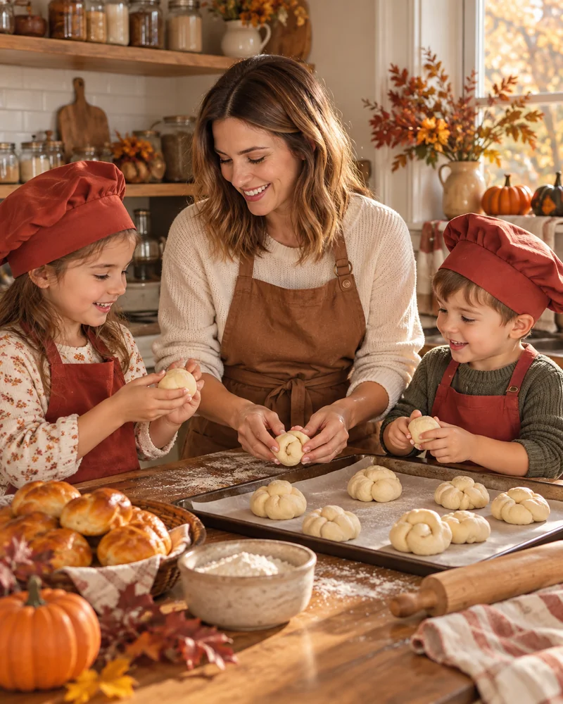 Thanksgiving family photo ideas: mom and kids in aprons and chef hats baking rolls in the kitchen