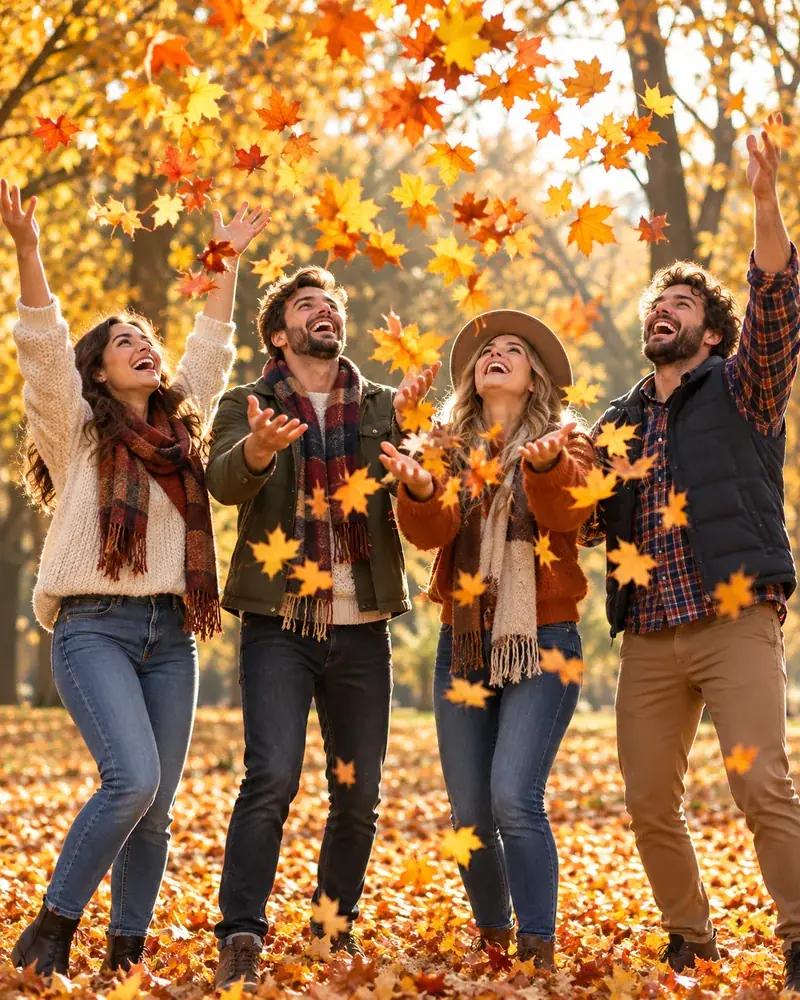 Group of friends laughing and throwing autumn leaves in the air for a Friendsgiving photoshoot