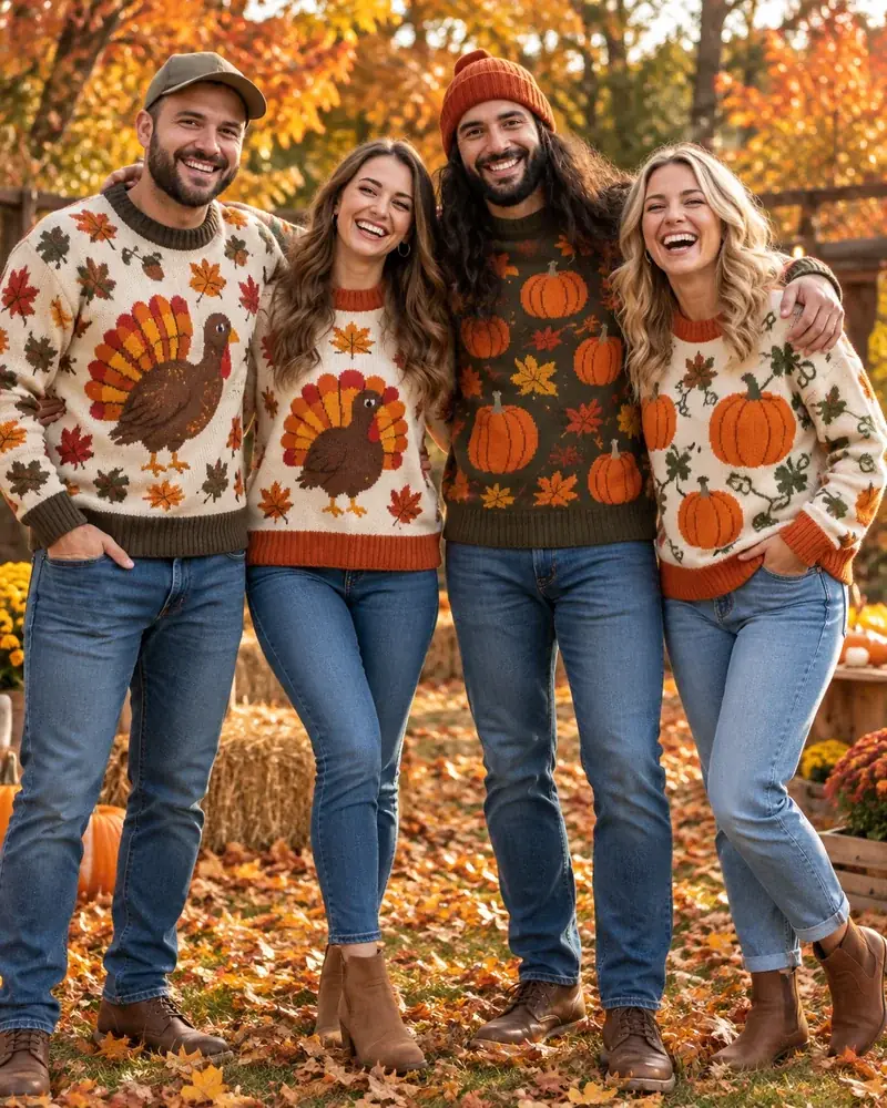 Four friends in coordinated Thanksgiving sweaters with pumpkins and a turkey pattern