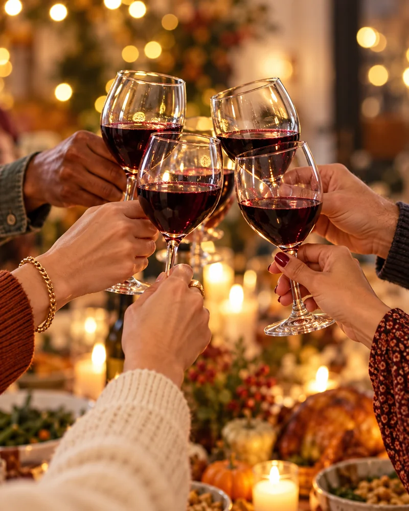 Friends clinking glasses of red wine over a candlelit Friendsgiving table with string lights