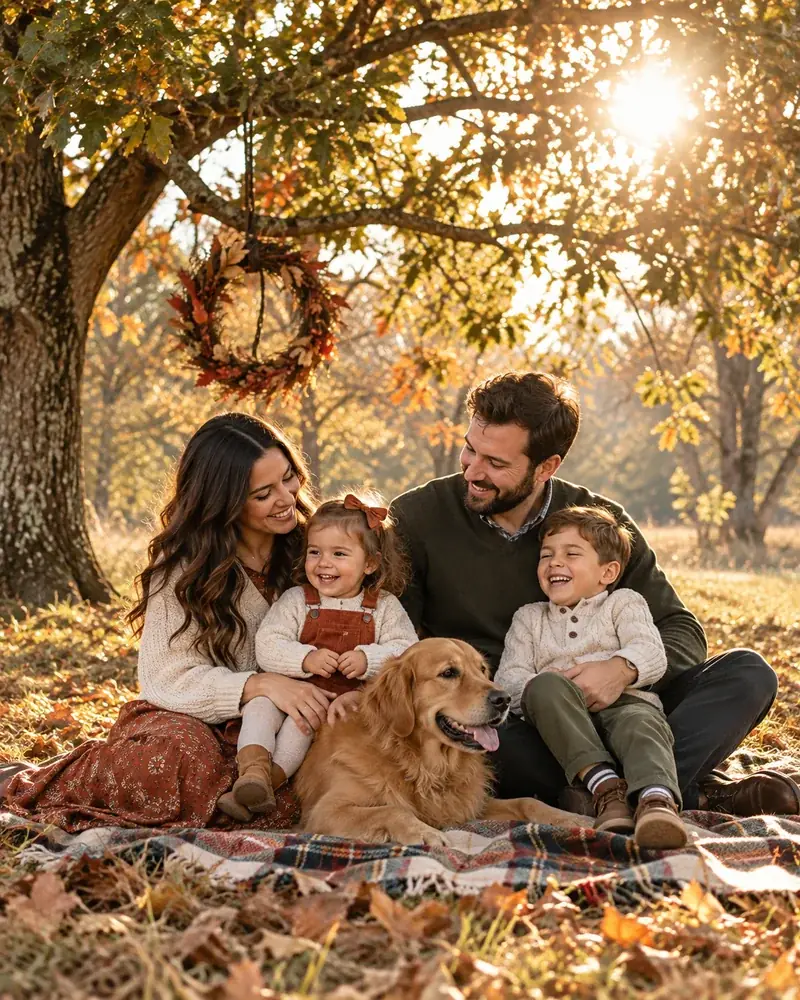 Family sitting on a blanket under trees with the sun behind them at golden hour