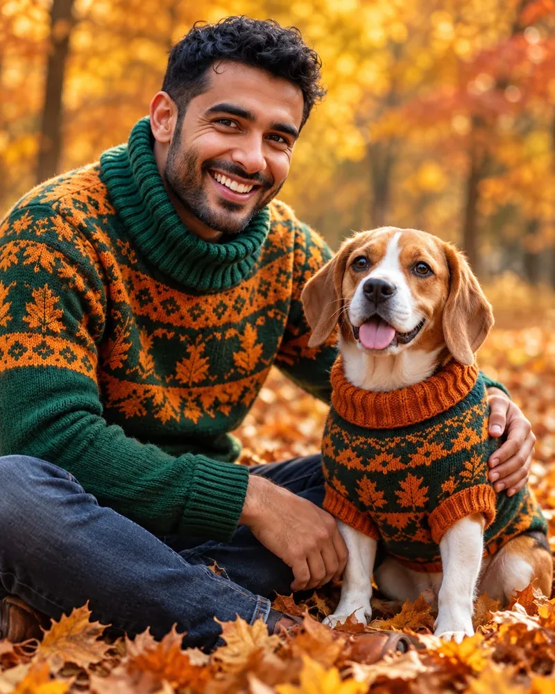 Man and beagle wearing matching green and orange knit sweaters outdoors in fall