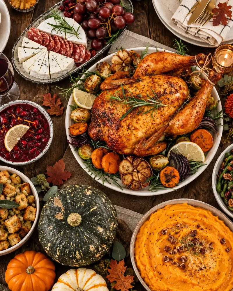 Overhead Thanksgiving food spread with roast turkey, mashed sweet potato, pumpkins and cheese board