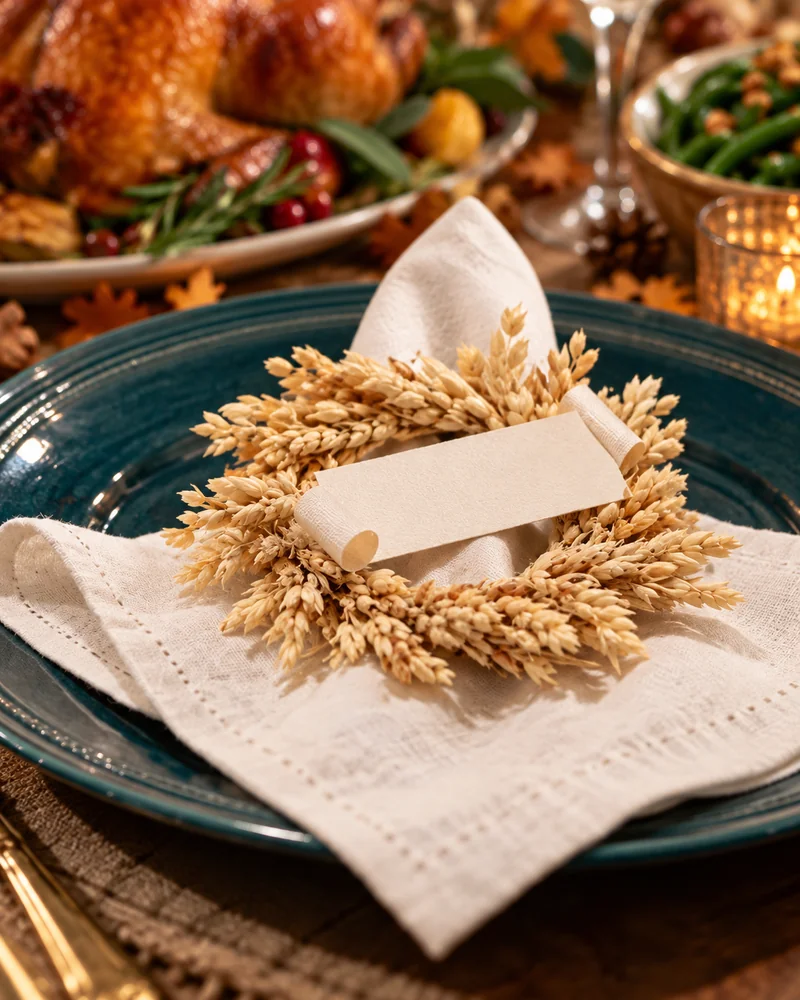 Thanksgiving place setting with a wheat wreath around a napkin and a handwritten name card