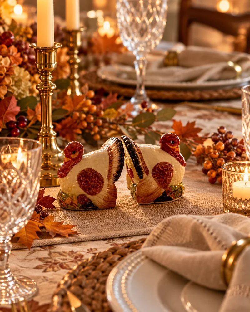 Turkey salt and pepper shakers, gold candlesticks and glassware on a Thanksgiving table
