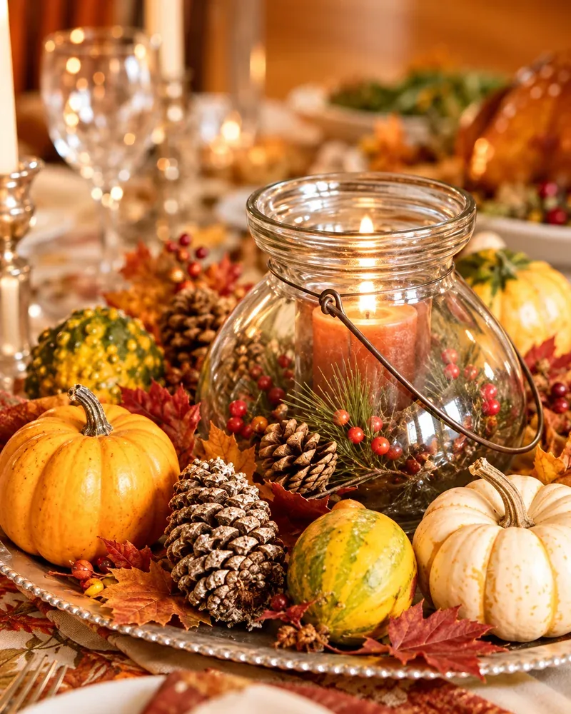 Thanksgiving table centerpiece with mini pumpkins, pinecones, gourds and a glass jar