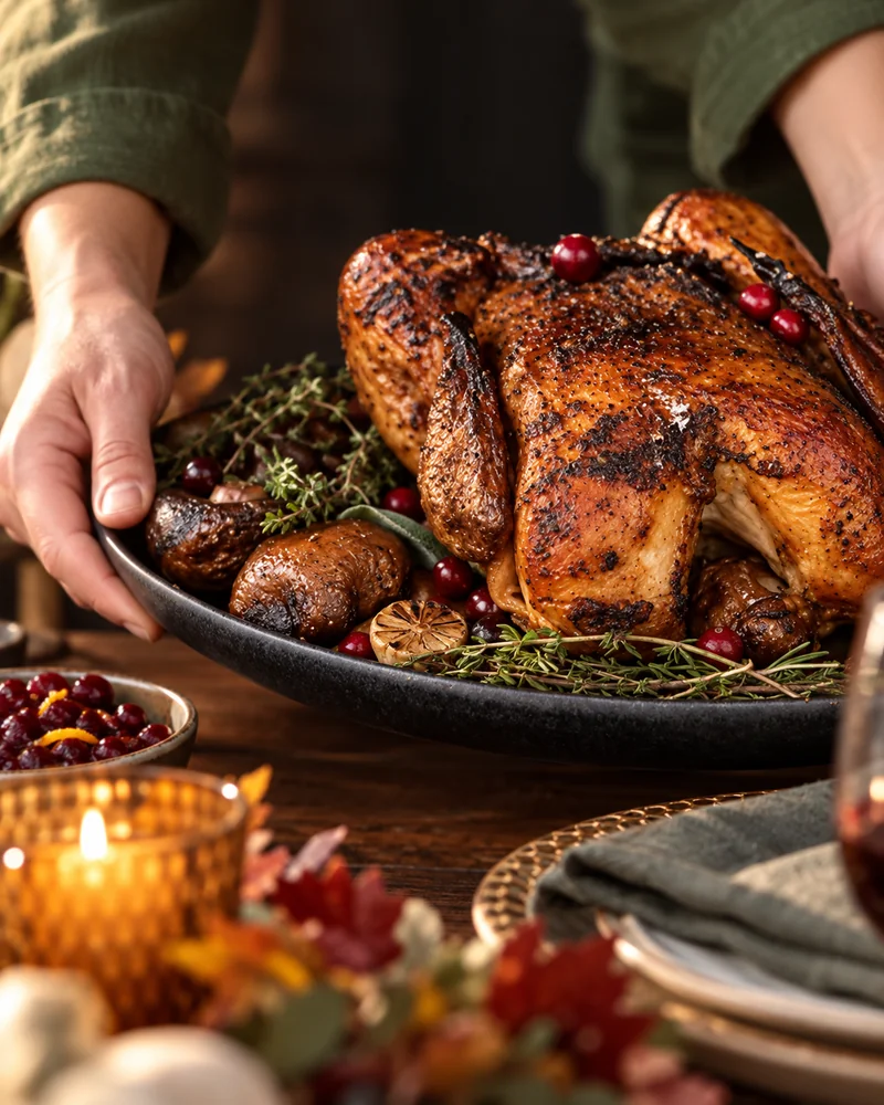 Hands presenting a roast turkey on a dark platter with herbs and cranberries