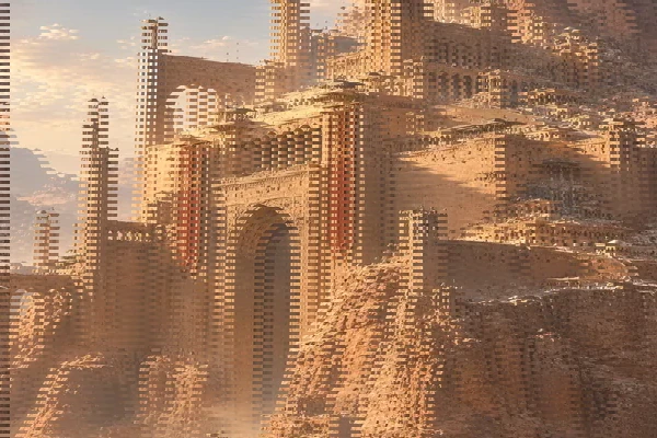 Simulated interlacing: comb-like horizontal lines along the edges of a sandstone citadel