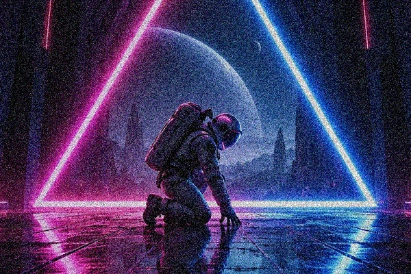 Simulated low-light video noise: grainy speckles over a neon astronaut scene
