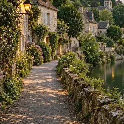 Clean frame of a riverside path and stone houses, an example of enhanced video quality