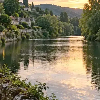 Sharp frame of a river at sunset reflecting a hillside town, an example of an upscaled video frame