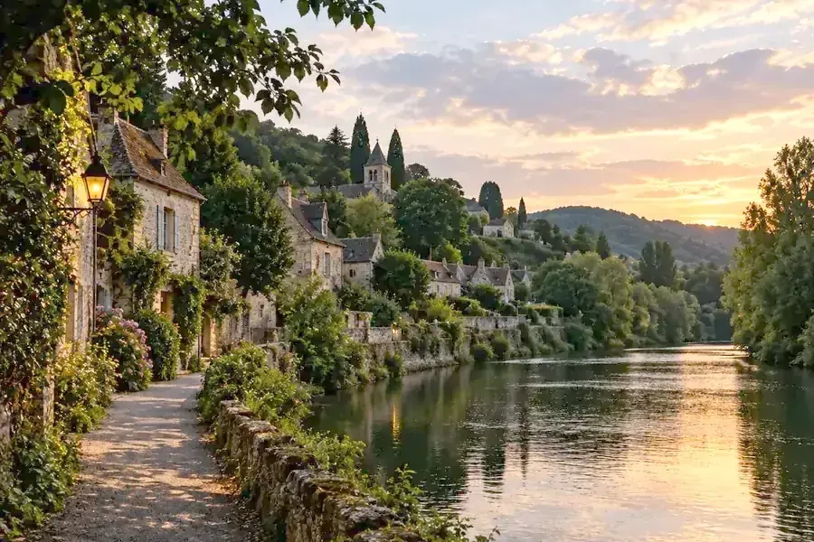 The same river town frame without compression artifacts, with smooth sky and clear trees