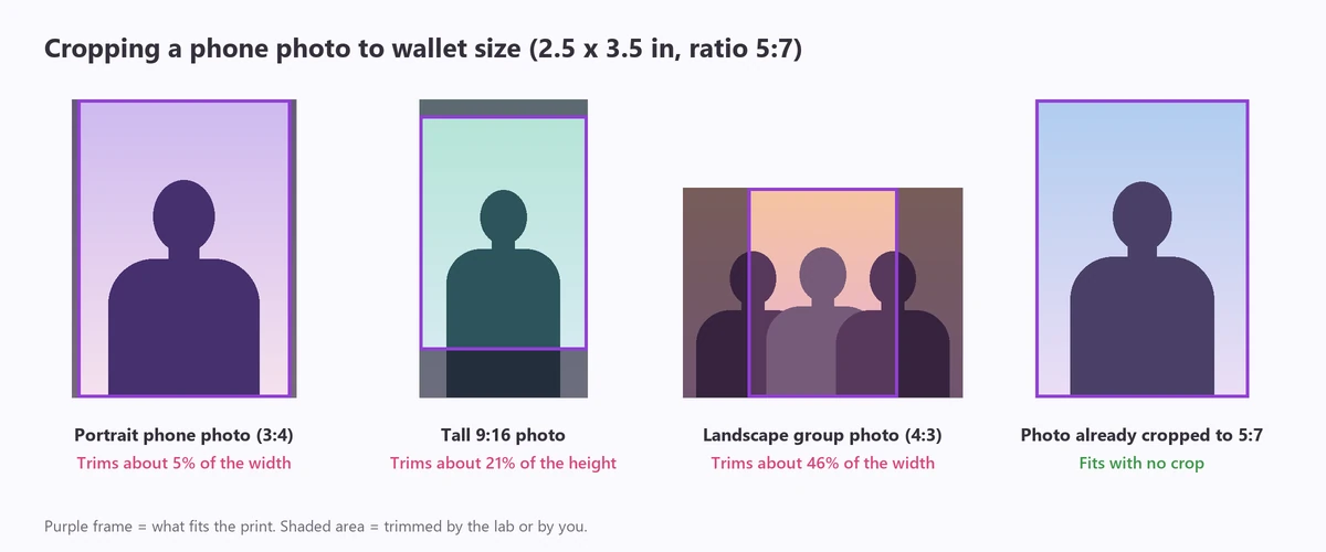 How a phone photo is cropped to wallet size photo dimensions of 2.5 x 3.5 inches with a 5:7 aspect ratio