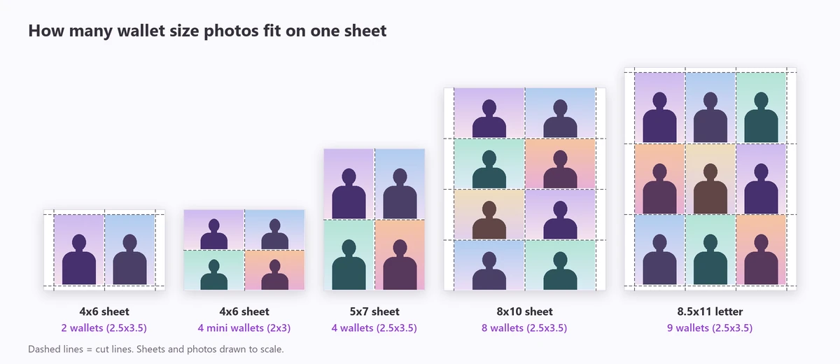 Wallet size photo prints laid out on 4x6, 5x7, 8x10 and 8.5x11 sheets with cut lines