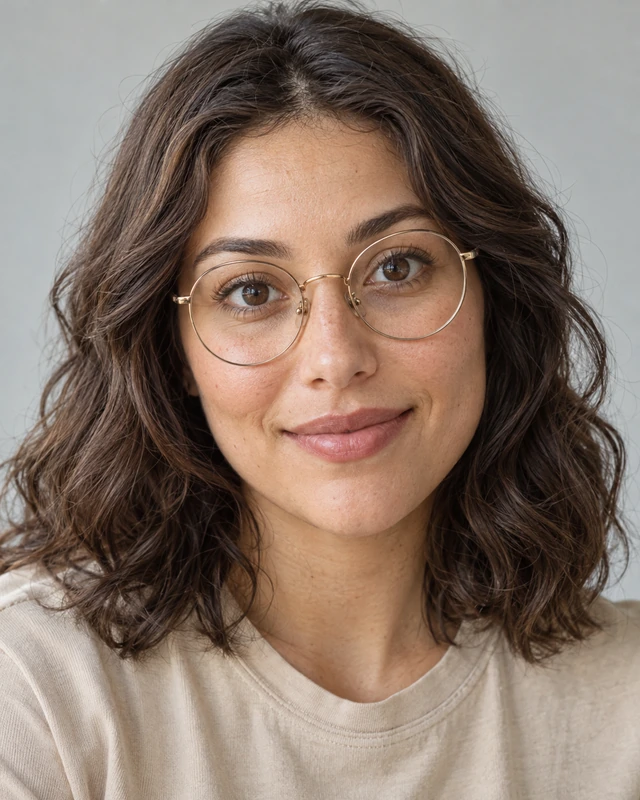 Woman with round eyes wearing thin round gold glasses