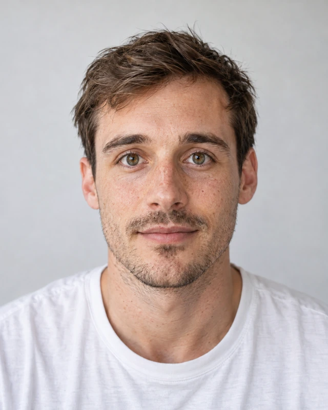 Young man with round, open brown eyes and natural brows