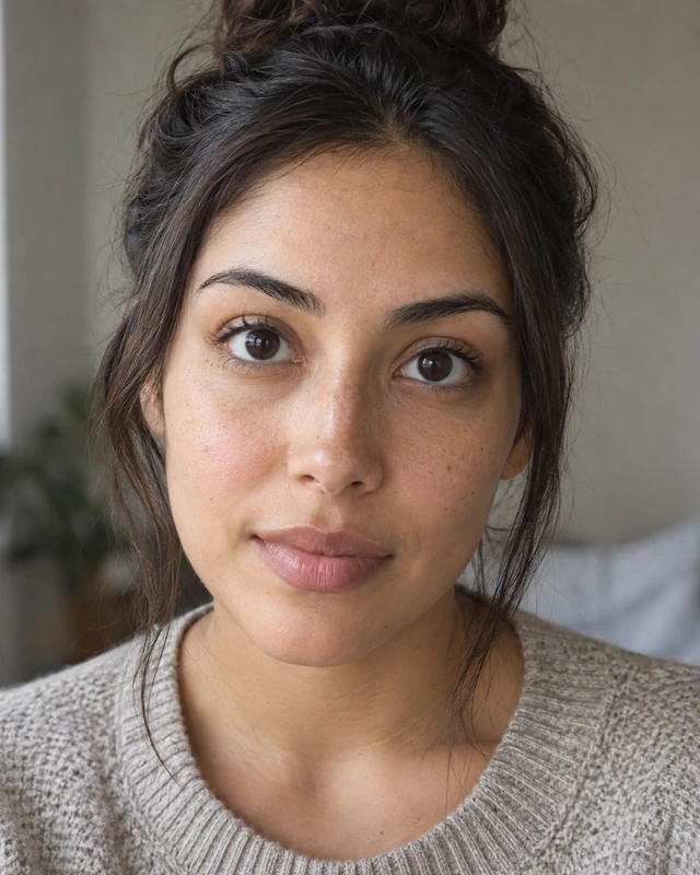 Doe eyes woman portrait: round, wide-open dark eyes and soft brows with little or no makeup
