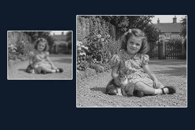 Old family photo upscaled to 4K with clearer faces and detail