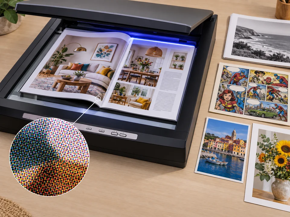 Scanner with a magazine on the glass and a magnified view of halftone dots that cause moire in scans
