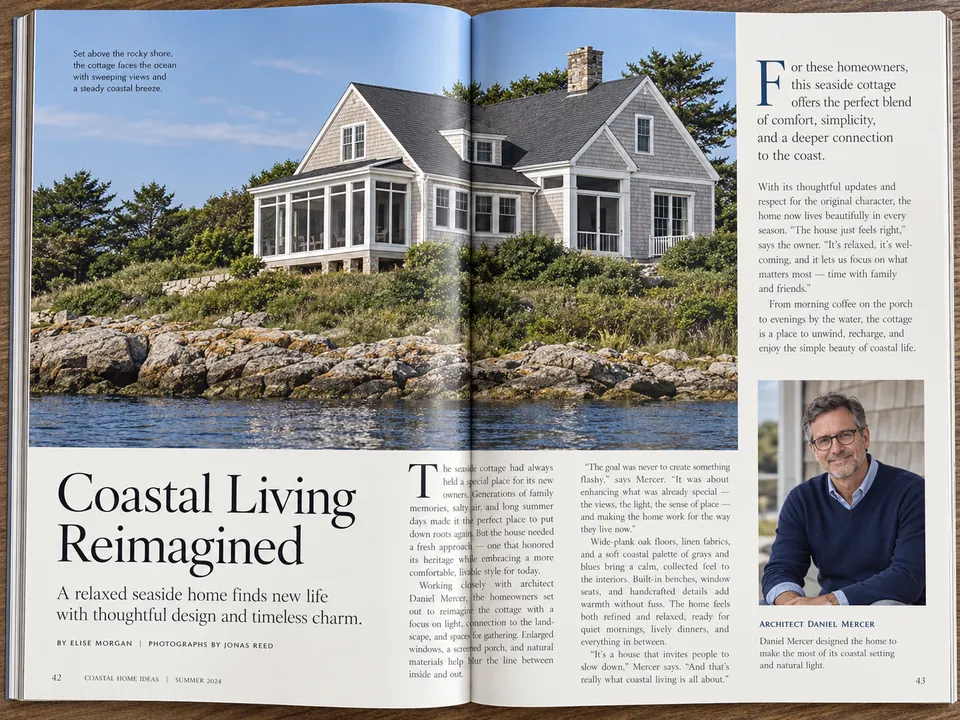 The same scanned magazine spread after descreening, with smooth photos and clean text