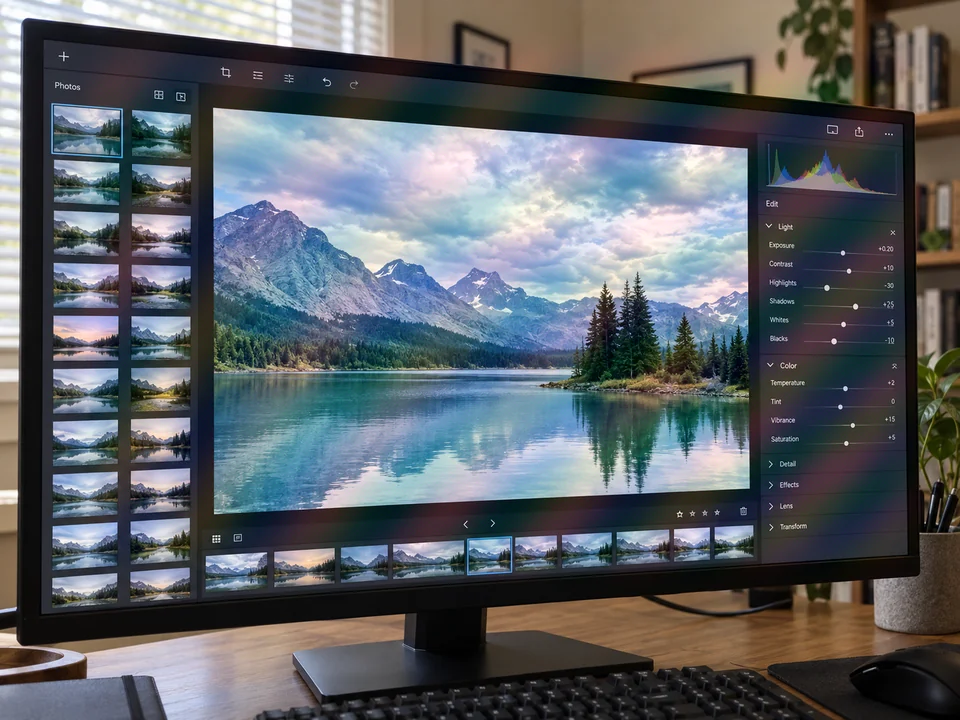 Screen moire effect: rainbow moire bands across a photo of a computer monitor showing a lake photo