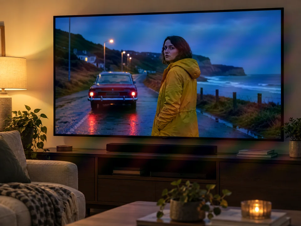 Screen moire on a photo of a TV showing a woman in a yellow raincoat beside a red car