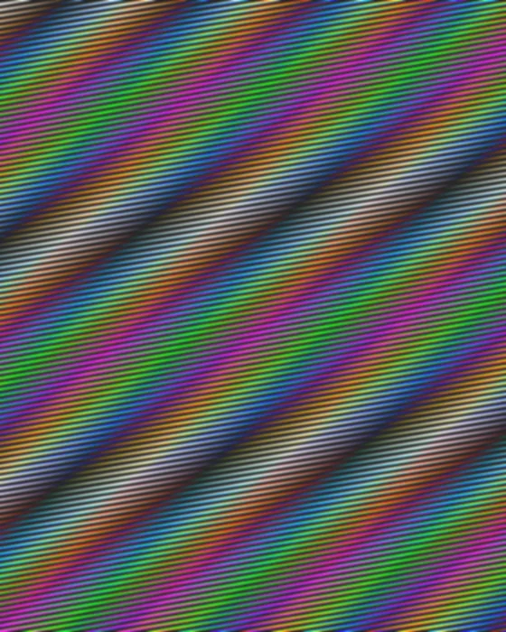 Color moire with rainbow bands where each color channel beats at a different spacing