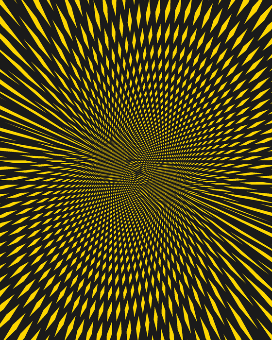 Moire art made from two overlapping black sunburst patterns on yellow