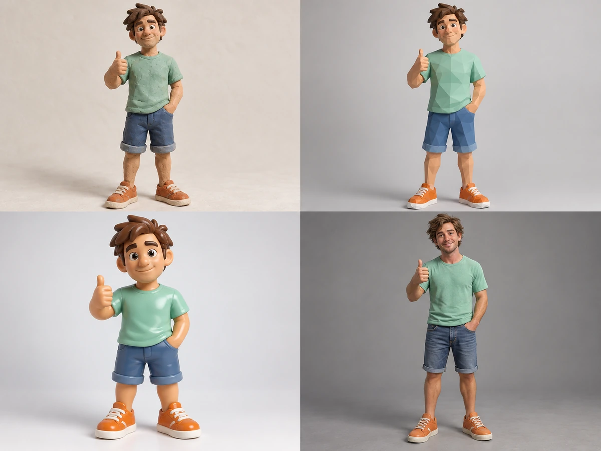 One character idea in four 3D styles: claymation, low poly, designer toy, and game character