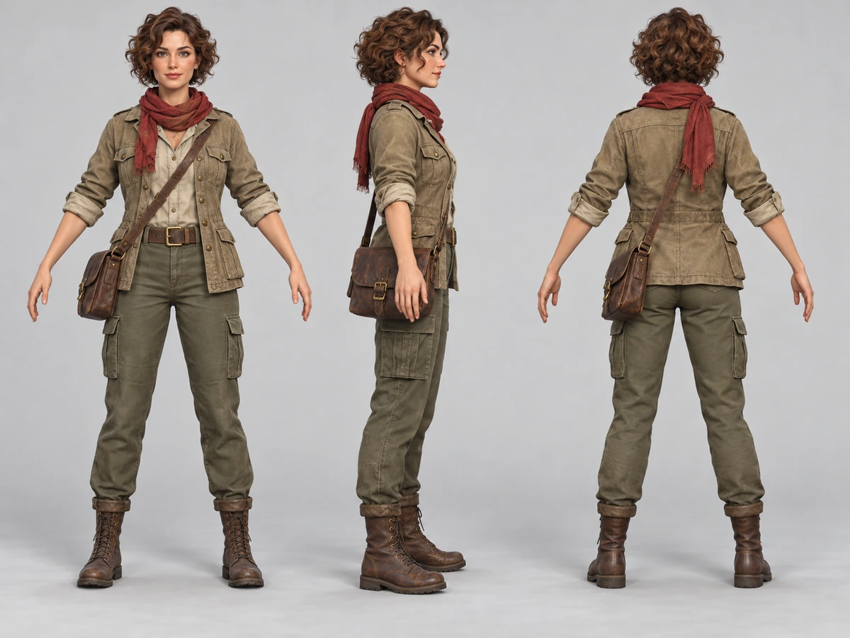 3D character turnaround sheet showing a woman from the front, side, and back