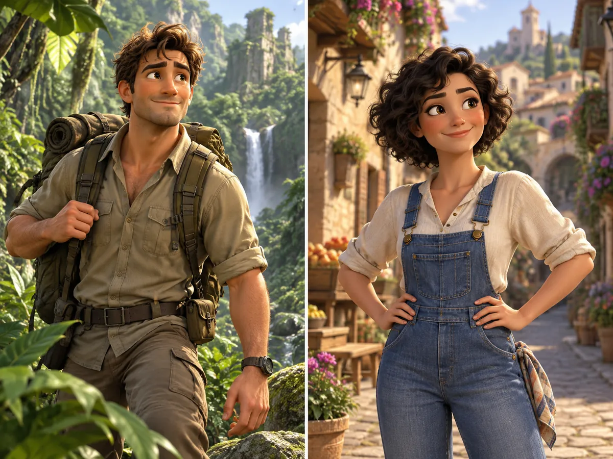 Two 3D animated characters made from text: a boy explorer in a jungle and a girl in a village street