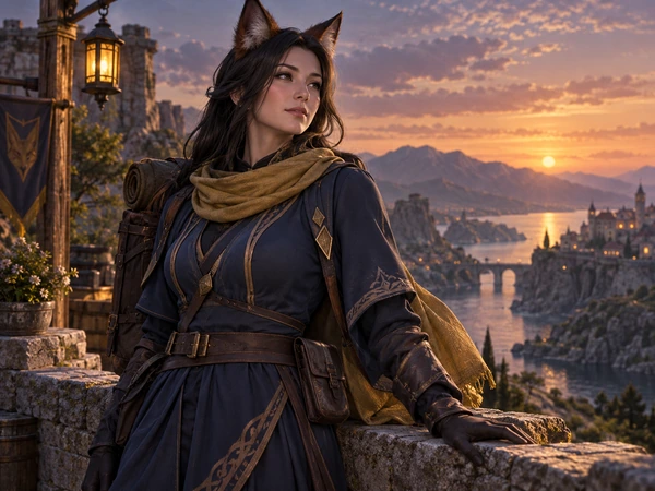 3D anime-style heroine with fox ears and dark hair at dusk