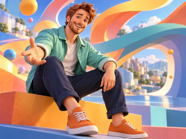 3D animated cartoon kid with a big smile on a colorful swirl background