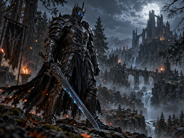 3D dark knight in spiked black armor holding a sword in a forest