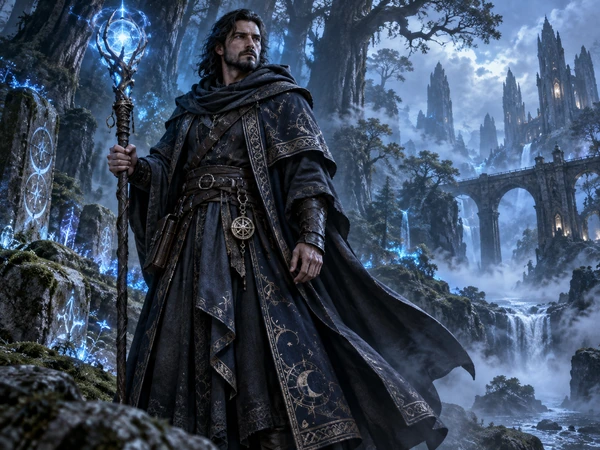 3D fantasy mage in dark robes holding a glowing blue staff